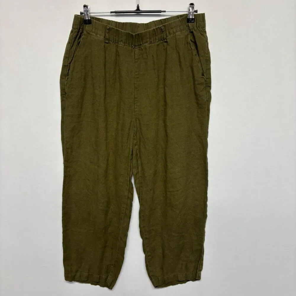 Quince Women 100% European Linen Pants Size Large Olive C134 -24